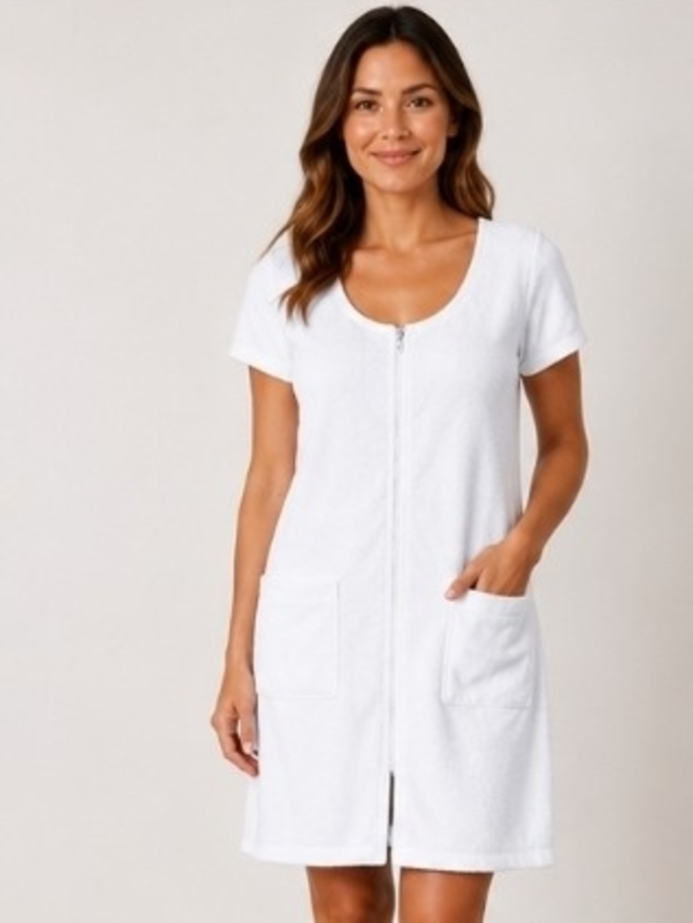 White Short-Sleeve Zip Front Swim Cover-Up with Pockets